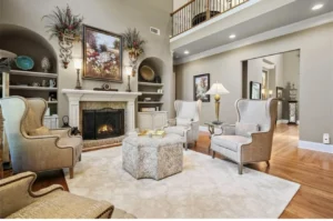 Luxury interior design living room in Atlanta featuring custom furniture, elegant décor, and natural lighting.
