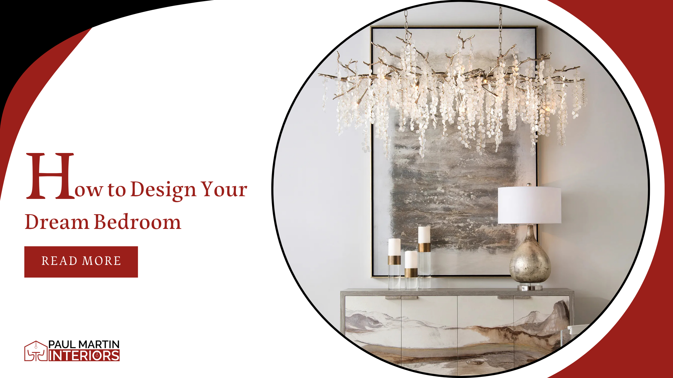 A bedroom corner with a glass chandelier, along with the blog title and a 'read more’ button