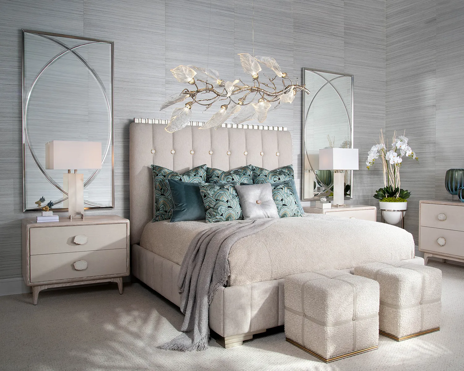 A bedroom interior with a wooden headboard, backlighting, and two beds